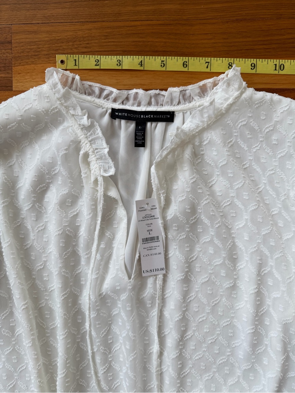 NWT White House Black Market Ecru Clip Dot Smocked Blouse Size L Peasant Ruffle - Picture 4 of 14